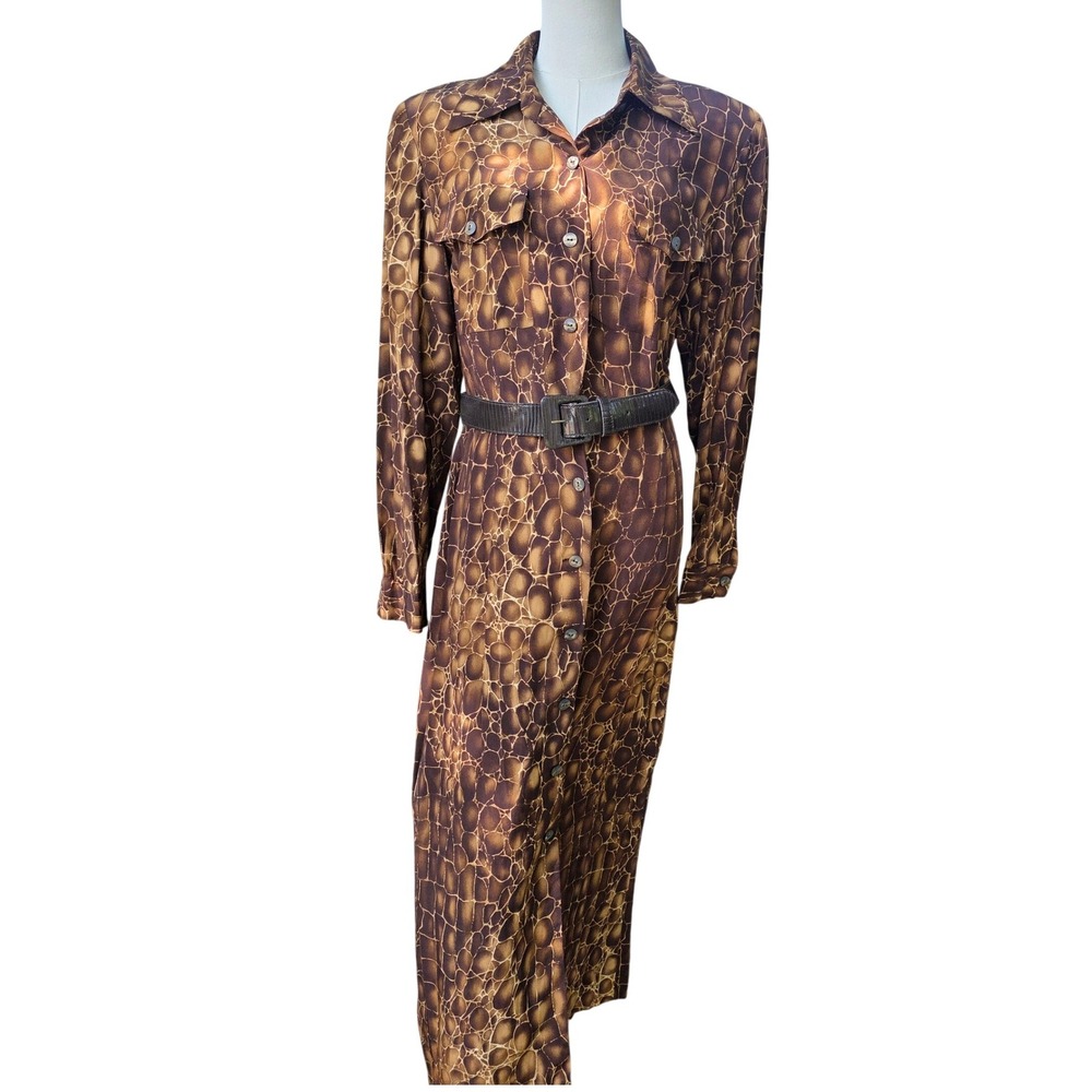 Liz Claiborne Silk Maxi Shirt Dress ‎ 12 Brown Abstract Print Excellent Belted